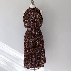Nanette Lepore Black Orange Print Pleated Mock Neck Midi Dress Size 8